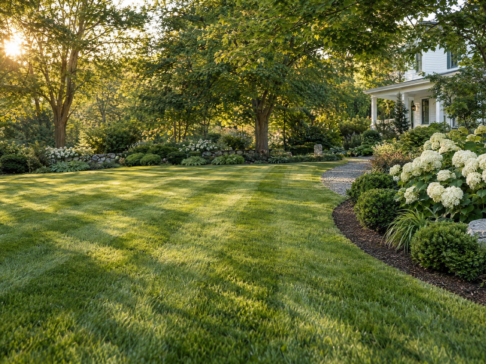 A lush lawn with a curved garden bed, hydrangeas and a welcoming residential home